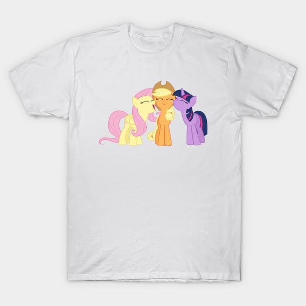 Fluttershy and Twilight nuzzling Applejack T-Shirt by CloudyGlow